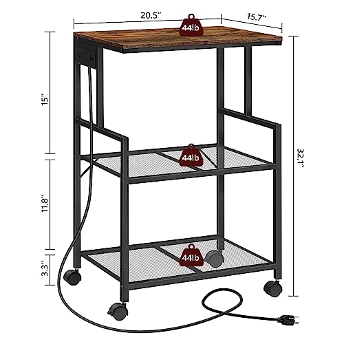MAHANCRIS Mobile Printer Stand, 3-Tier Industrial Printer Cart with Power Outlets and 2 USB Ports, Rolling Printer Table on Wheels for Home Offices Kitchen Organization Rack, Rustic Brown PTHR78E01