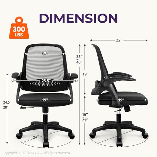 NEO CHAIR Office Desk Gaming Ergonomic Computer Chair with Lumbar Back Support Adjustable Height Swivel Rolling Wheels Flip-up Arms Mesh Chair for Home Vanity (Black)