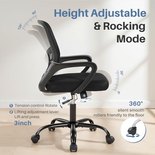 DUMOS Home Office Chair - Ergonomic Mid Back Mesh Desk Chair with Lumbar Support & Rocking Mode, Height Adjustable, Fixed Armrest, for Conference, Computer, 360° Swivel, Adults, Black
