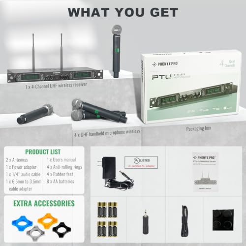 Phenyx Pro Wireless Microphone System, 4-Channel UHF Wireless Mic, Fixed Frequency Metal Cordless Mic with 4 Handheld Dynamic Microphones, 260ft Range, Mics for Singing, Church(PTU-5000-4H)