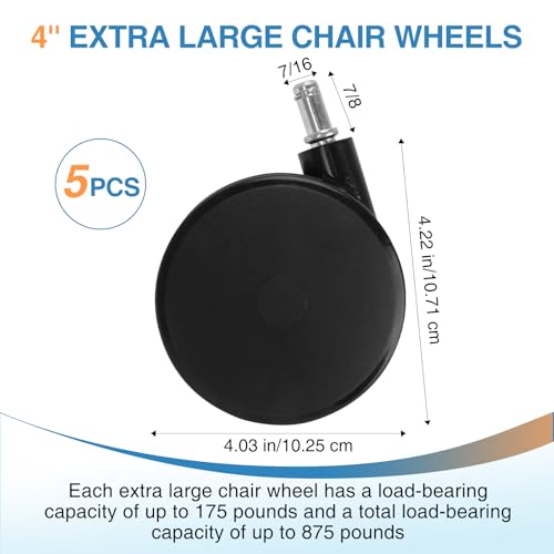 5 Pcs 4'' Extra Large Chair Wheels for Carpet, Large Office Chair Wheels, Heavy Duty Office Twin Chair Casters Replacement 7/16 x 7/8 Grip Ring for Furniture Hardwood Floor Computer Desks