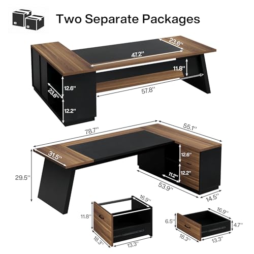 Tribesigns 78" L-Shaped Executive Desk, Extra Large Modern Office Desk with Drawers and File Cabinet, Business Furniture with Storage Shelves, Big Computer Desk for Home Office (Light Walnut + Black)