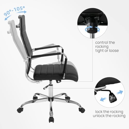 Walmokid Office Desk Chair with Wheels Set of 8, Ergonomic Black Leather Conference Room Chairs Height Adustable | Ribbed High Back | Swivel Rolling Task Chair, Black