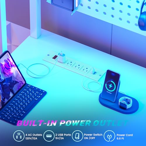 SEDETA White L Shaped Gaming Desk, Reversible Corner With Power Outlet and Pegboard, Hutch, Storage Shelf, Keyboard Tray, and LED Lights for Home Office