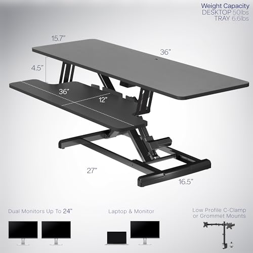 VIVO 36 inch Electric Motor Desk Converter, Height Adjustable Riser, Sit to Stand Dual Monitor and Laptop Workstation with Wide Keyboard Tray, Black, DESK-VE36B