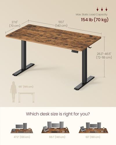 VASAGLE Electric Standing Desk, 55.1 x 27.6 Inches Height Adjustable Desk, Sedentary Reminder, 4 Memory Heights, for Home Office, Rustic Brown ULSD315KD020S