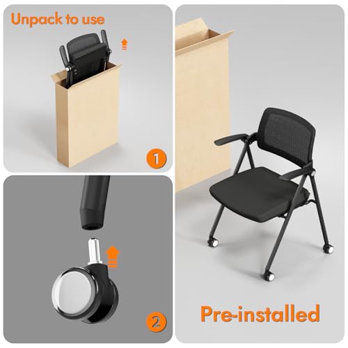 FYLICA Stackable & Foldable Office Chair Set of 2, Folding Desk Chair with Flip-Up Armrest, Breathable Mesh, Thick Seat Cushion & Rocking Backrest, Conference Room Chair with Wheel (Black)