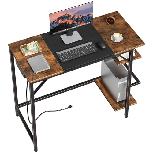 HOOBRO Small Computer Desk, Home Office Desk with Power Outlet, Writing Desk with 2 Shelves, Modern Small Desk for Home Office, Study, Easy to Assemble, Rustic Brown and Black BF43UDN01