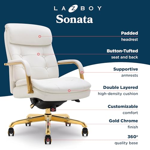 La-Z-Boy Sonata Ergonomic Bonded Leather Swivel Executive Chair, White and Gold (CCHR10014A)