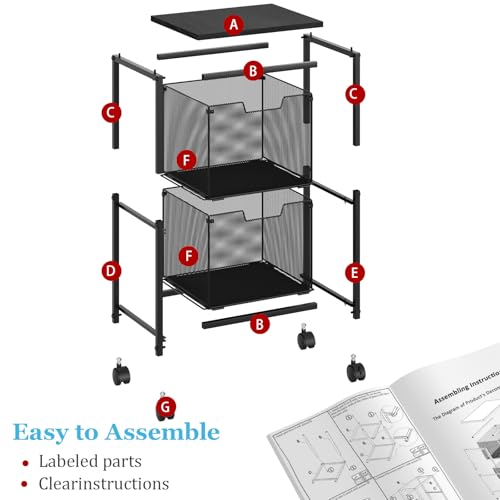 Sbanmao Rolling File Cart with 2 Storage Drawers, Mobile File Cabinet with Wheels, Hanging File Folder Organizer, Under Desk Storage, Printer Stand Utility Cart Filing Cabinet for Home Office,Black