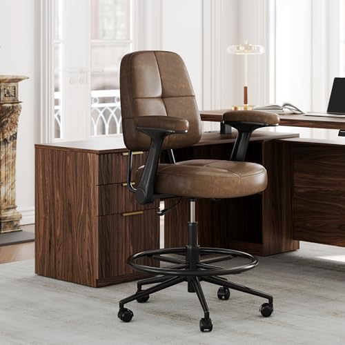 Perledesign Drafting Executive Chair, Tall Office Chair with Padded Flip-Up Armrests, Mid-Back Cushioned Seat, 360° Swivel Rolling Computer Desk Chair for Standing Desk & Home Office, Vintage Brown