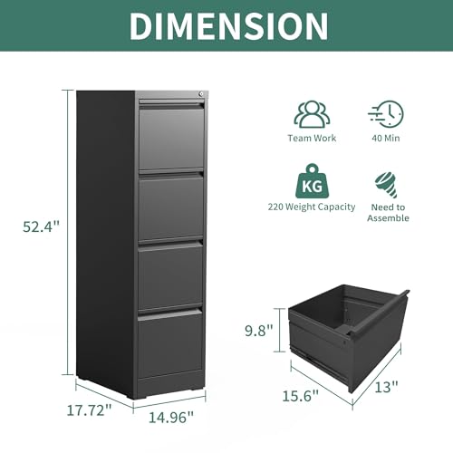 FLIXELIO 4 Drawer File Cabinet with Lock,Metal Vertical Filing Cabinets for Home Office,Heavy Duty File Storage Cabinet for Letter/Legal/A4/F4 Size File,Assembly Require (Black, Vertical 4 Drawer)