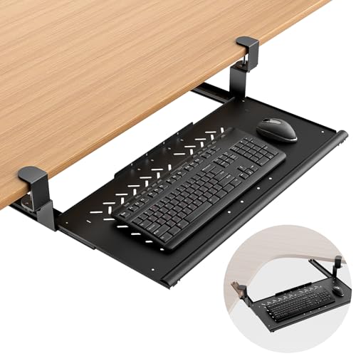 Strifuture Keyboard Tray Under Desk - Full Metal Slide Out Holder, Rust-Resistant & Scratch-Proof, 26x13" Tray, Double C-Clamps for L Shape/Regular Desks, Standing/Sitting Workstation(Black-A)