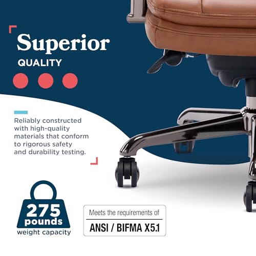 La-Z-Boy Sonata Executive Mid-Back Office Chair, Button-Tufted Seat and Back, Double-Layer Cushion, Padded Armrests, Ergonomic Computer DeskChair, Swivel Metal Base, Bonded Leather, Cognac/Graphite