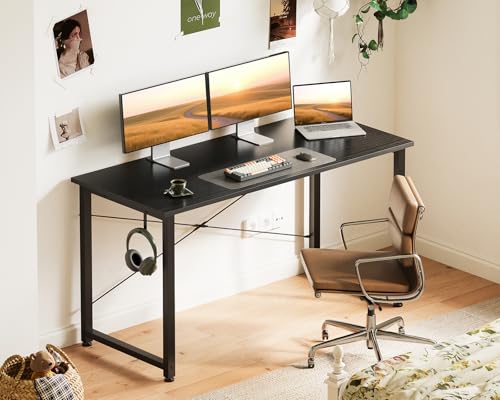 Casaottima 48 Inch Small Computer Desk for Home Office, Study Writing Table for Small Spaces, Simple Modern Desk with Headphone Hooks, Pure Black