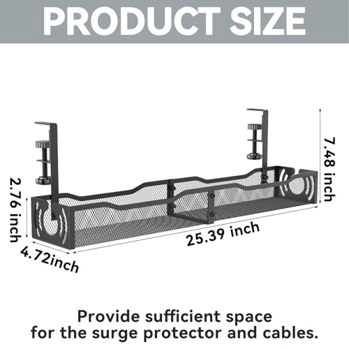 Cable Management, 25.3'' Under Desk Cable Management Tray No Drill, Metal Cable Organizer with Clamp for Wire Management, Cord Organizer for Home Office, Desk Accessories Organizer, Black