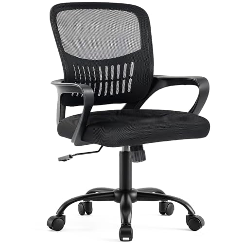 DUMOS Home Office Chair - Ergonomic Mid Back Mesh Desk Chair with Lumbar Support & Rocking Mode, Height Adjustable, Fixed Armrest, for Conference, Computer, 360° Swivel, Adults, Black