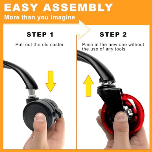 FreekyFit Office Chair Wheels for Casters Replacement - 3" Rubber Wheels for Computer Gaming Desk Caster Smooth & Safe Rolling for All Floors Including Hardwood and Carpet - Set of 5 - Red