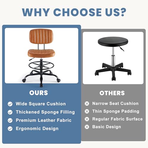 DUMOS Armless Drafting Chair, Low Back Office Seat with Adjustable Footrest Ring for Standing Desk, Ergonomic PU Leather Office Seating, Swivel Rolling High Stool for Studio, Lab, Counter, Brown