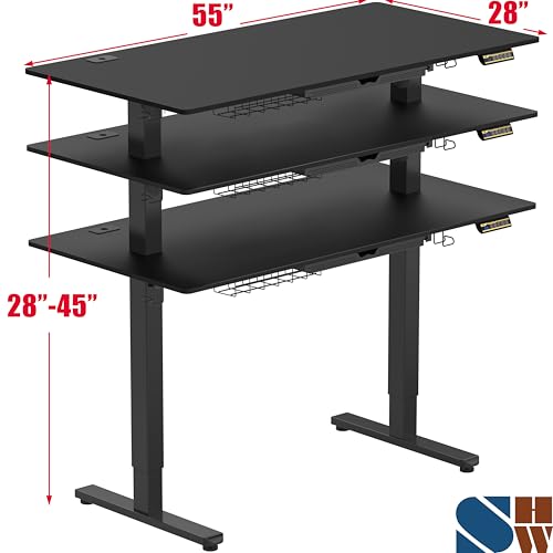 SHW 55 x 28 Inches Electric Height Adjustable Standing Desk with Drawer and Memory Preset, Black