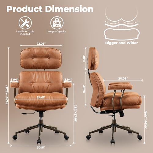 ovios Ergonomic Office Chair, High Back Faux Leather Executive Chairs with Thick Cushion, Comfy Mid-Century Modern Swivel Rolling Computer Armchair (Brown, Suede Leather)