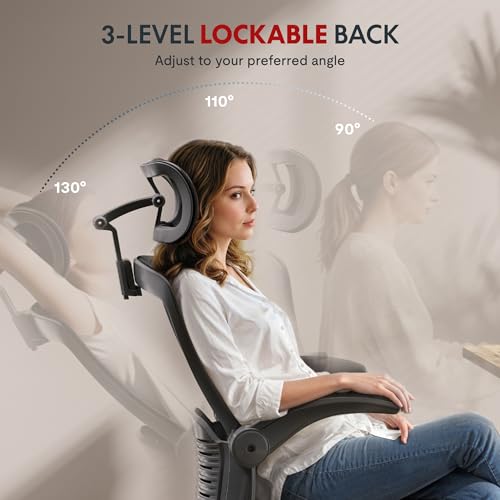 FLEXISPOT Ergonomic Office Chair with Flip-up Armrest, Free Space for Heavy People, Computer Chair with 8-Level Lumbar Support, Mesh OC3 Air-P Seat, Desk Chairs for Home Office Gaming Working, Black