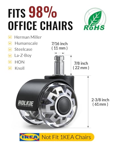 HOLKIE Office Chair Wheels 2 Inch Set of 5 Replacement - Universal Fit 11mm Dual Rubber Smooth Quiet Rolling Casters - for Hardwood Floors Carpet Computer Grey