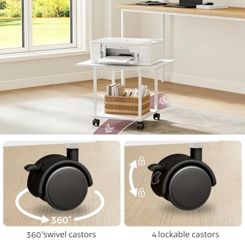 BEWISHOME 2-Tier Industrial Mobile Printer Stand, Rolling Cart with Storage Shelf, Lockable Wheels, for Home, Office (White) BDZ01W