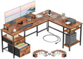 Furologee 66” L Shaped Desk with Power Outlet, Reversible Home Office Desk with File Drawer, 2 Monitor Stands, Storage Shelves, Corner Computer Table for Gaming, Writing, Rustic Brown
