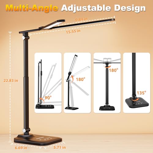 CHARYJOD LED Desk Lamp for Office Home, Height Adjustable Architect Desk Light with USB Adapter, Stepless Dimming Desk Lamp Light for Reading, Study, Workbench