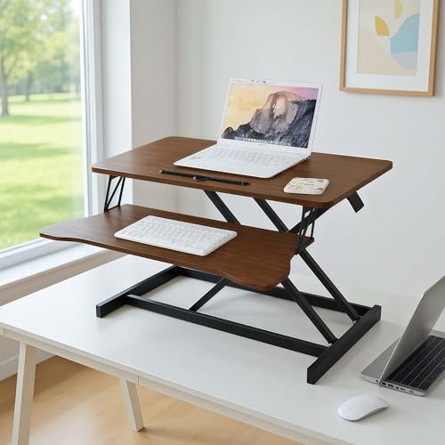 GOAWGO Standing Desk Converter, 32 Inch Wide, Height Adjustable Sit to Stand Workstation Riser, Dual Monitor with Wide Keyboard Tray for Home Office (Walnut)