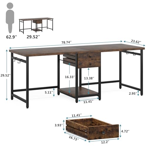 Tribesigns Two Person Desk, 79 Inch Double Desk with 2 Drawers, Large Computer Desk Long Desks with Storage Shelves, Writing Table Study Desk for Home Office, Rustic Brown (NY001)