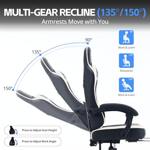 Kslysuty Desk Computer Gaming Chair - High Back Ergonomic Office Chair with Footrest and Lumbar Support, Swivel Comfy Home Gamer Video Game Chairs with Pocket Spring Cushion for Adults (White Leather)