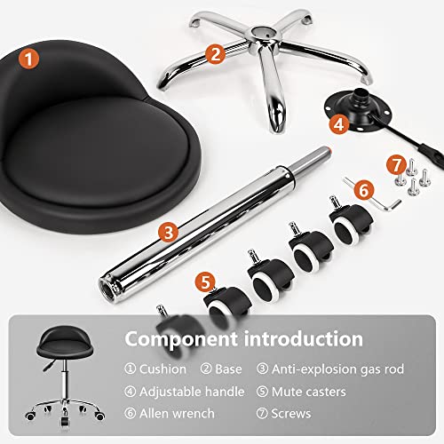 KKTONER PU Leather Round Rolling Stool with Back Rest Height Adjustable Swivel Drafting Work SPA Task Chair with Wheels Black