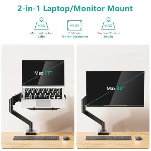 WALI Single Arm Laptop and Monitor Desk Mount for 17" Notebook and Up to 32" Screen, 2-in-1 Adjustable Monitor Arm with Laptop Tray, VESA 75x75 100x100,Holds 22-26.4 lbs, Black (GSMP001NLP)