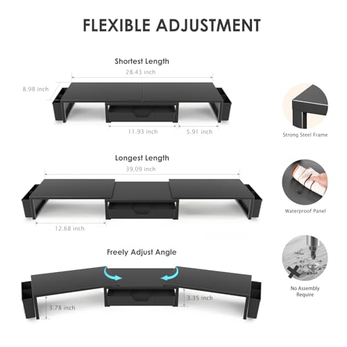 OPNICE Desk Organizers and Accessories, Dual Monitor Stand Riser with Drawer and 2 Pen Holders, Desk Shelf Metal Computer Racks for Office Workspace Organizers, Desktop Organization (Black Metal)