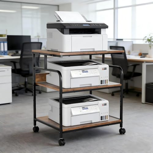 GCCSJ Large Printer Stand，3 Tier Printer Cart with Adjustable Storage Shelf，23.6 x18.9 x 29.5 inches Printer Stand for Home Office, Stands for Heat Press Scanner Fax, Industrial Style, Brown