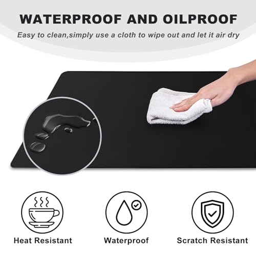 31.5" x 15.7" Waterproof Fabric Desk Pad, Rubber Anti-Slip Base, Stitched Edges No Curling, Fits Laptop Keyboard and Mouse, Smooth Office Mat Large Mouse Pad for Work Game, Black