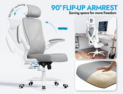 Ergonomic Office Chair: White Computer Desk Chair Comfy Gaming Chair for Adults - Office Chair with Lumbar Support & Headrest - Executive Office Rolling Chairs for Home Work (Grey)