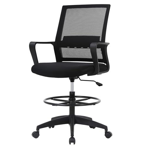 PayLessHere | Drafting Chair | Black | Tall Office Chair with Adjustable Seat Height & Footrest, Ergonomic Mesh Back, Lumbar Support, 360 Degree Swivel Rolling Wheels | for Workspaces & Home Office