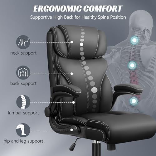 HeroSet Office Chair, Ergonomic Big and Tall Computer Desk Chairs, Executive Breathable Leather Chair with Adjustable Flip-up Armrests, Lumbar Support Swivel PC Chair with Rocking Function,Matte Black