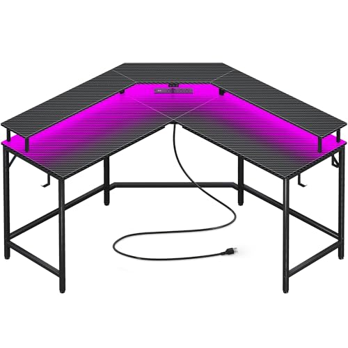 Huuger L Shaped Gaming Desk with Power Outlets & LED Lights, Computer Desk with Monitor Shelves, Carbon Fiber Surface, Home Office Desk, Corner Gaming Desk with Hooks, Carbon Fiber Black