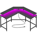 Huuger L Shaped Gaming Desk with Power Outlets & LED Lights, Computer Desk with Monitor Shelves, Carbon Fiber Surface, Home Office Desk, Corner Gaming Desk with Hooks, Carbon Fiber Black