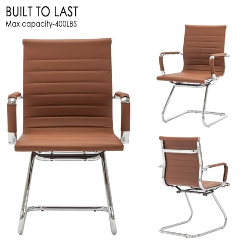 DM Furniture Conference Room Chairs Set of 6, Waiting Room Chairs with Arms, Faux Leather Reception Chairs No Wheels, Office Guest Chairs with Mid Back Support and Chrome Sled Base, Cafe