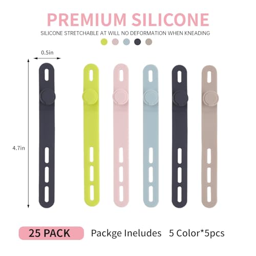Oligei 25 Pcs Silicone Cable Ties, Cable Ties Reusable, High Elasticity Cord Wraps for Electrical Cords, Cord Organizer for Earphone, Phone Charger(Colorful)