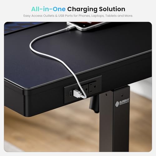 EUREKA ERGONOMIC Frosted Glass Gaming Standing Desk with Drawers, 55 Inch Electric Standing Desk Adjustable Height, Sit Stand with Power Outlet & USB, Home Office Work, Black