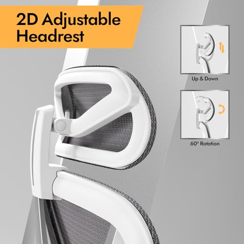 HOLLUDLE Ergonomic Mesh Office Chair - 3D Adjustable Lumbar Support & 3D Armrests, V-Shaped Back, Adjustable Desk Chair for Office & Home, White