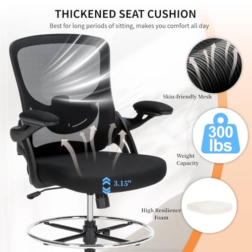 Drafting Chair, Tall Office Chair for Standing Desk, Ergonomic Standing Desk Chair with Flip-up Armrests, Counter Height Office Chair with Footrest and Adjustable Lumbar Support