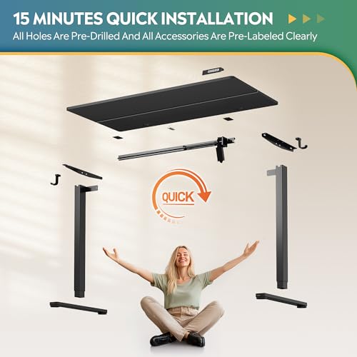 DEVAISE 48 Inch Electric Standing Desk, Adjustable Computer Desk for Home Office, Ergonomic Sit to Stand Desk with LED Touchscreen，Headphone Hook, 3 Memory Preset, with Split Top, Black