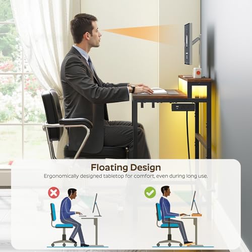 YATINEY Small Computer Desk with Charging Station and LED Lights, Gaming Desk with Monitor Stand, 2-Tier Home Office Desk with 4 Side Hooks, for Living Room, Home Office, Rustic Brown DN01UDBRY2
